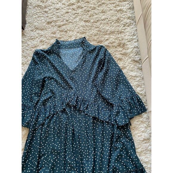 Retro Dress XL Polkadot Teal Blue White Ruffle Shift Mid Length - Picture 2 of 8